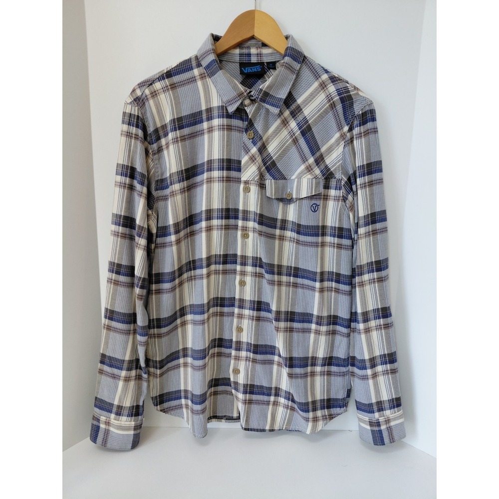 VANS Shirt Mens Medium Blue Tan White Plaid Button Up Long Sleeve Flannelβ